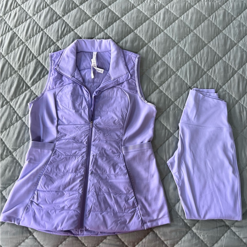 Lululemon Down for it all Vest (Sz 12) in Lilac and matching leggings in size 8.